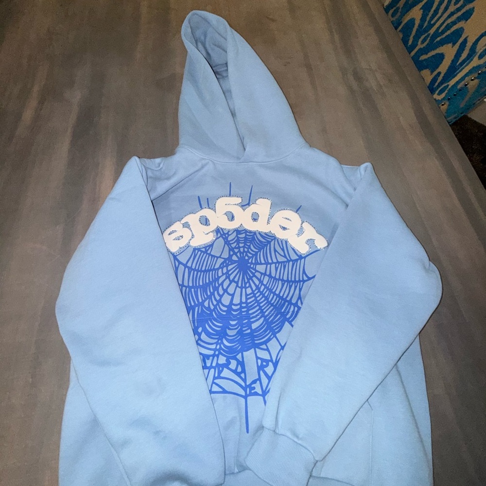Sp5der Sky Blue Hoodie with Graphic Design